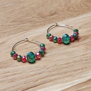 Christmas Red & Green Briolette Crystal Beaded Gold Hoops 1" Earrings Ha…
